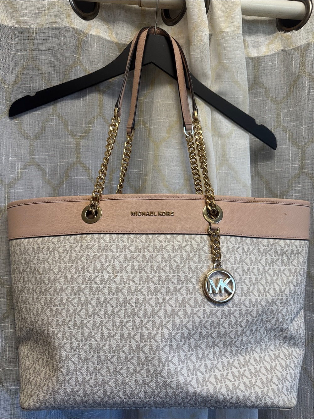 Michael Kors Beige and Pink Logo Chain-Handle Tote